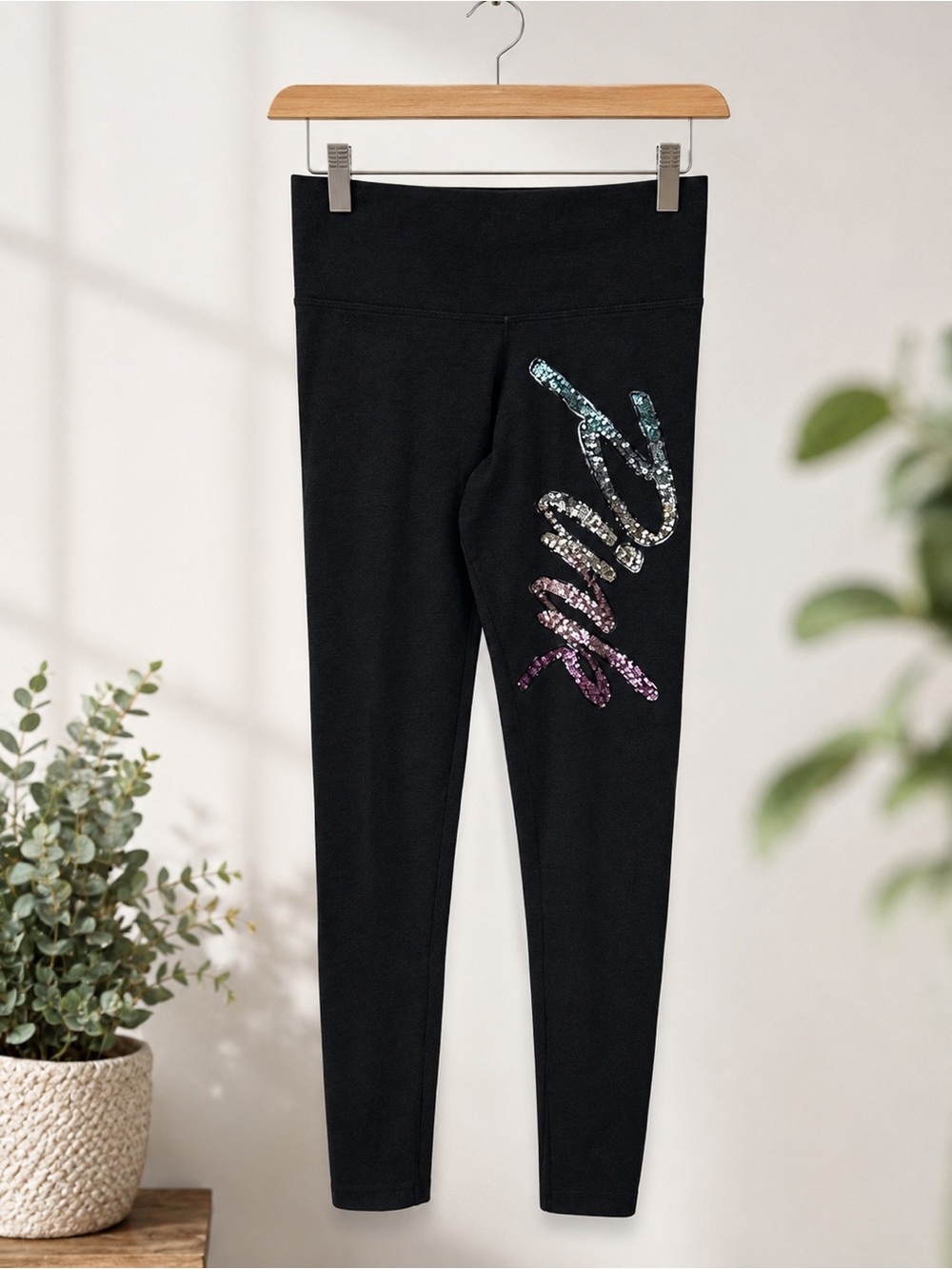 Pink Victoria's Secret Black Leggings with Rainbow Sequin Script XS